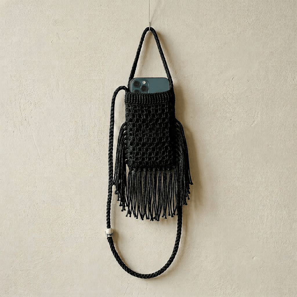 Beige crochet phone pouch with fringe containing a smartphone