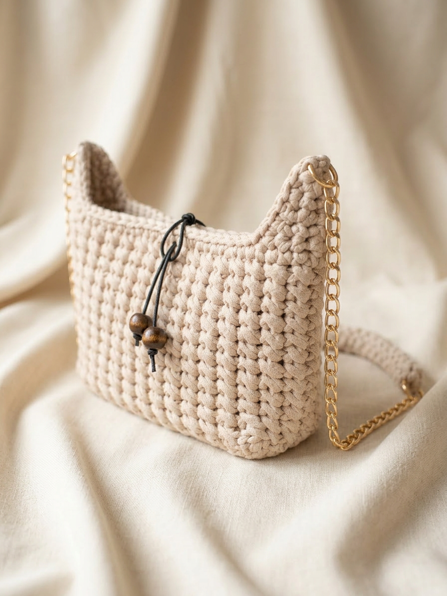 Beige crochet purse with gold chain strap and wooden bead ties.